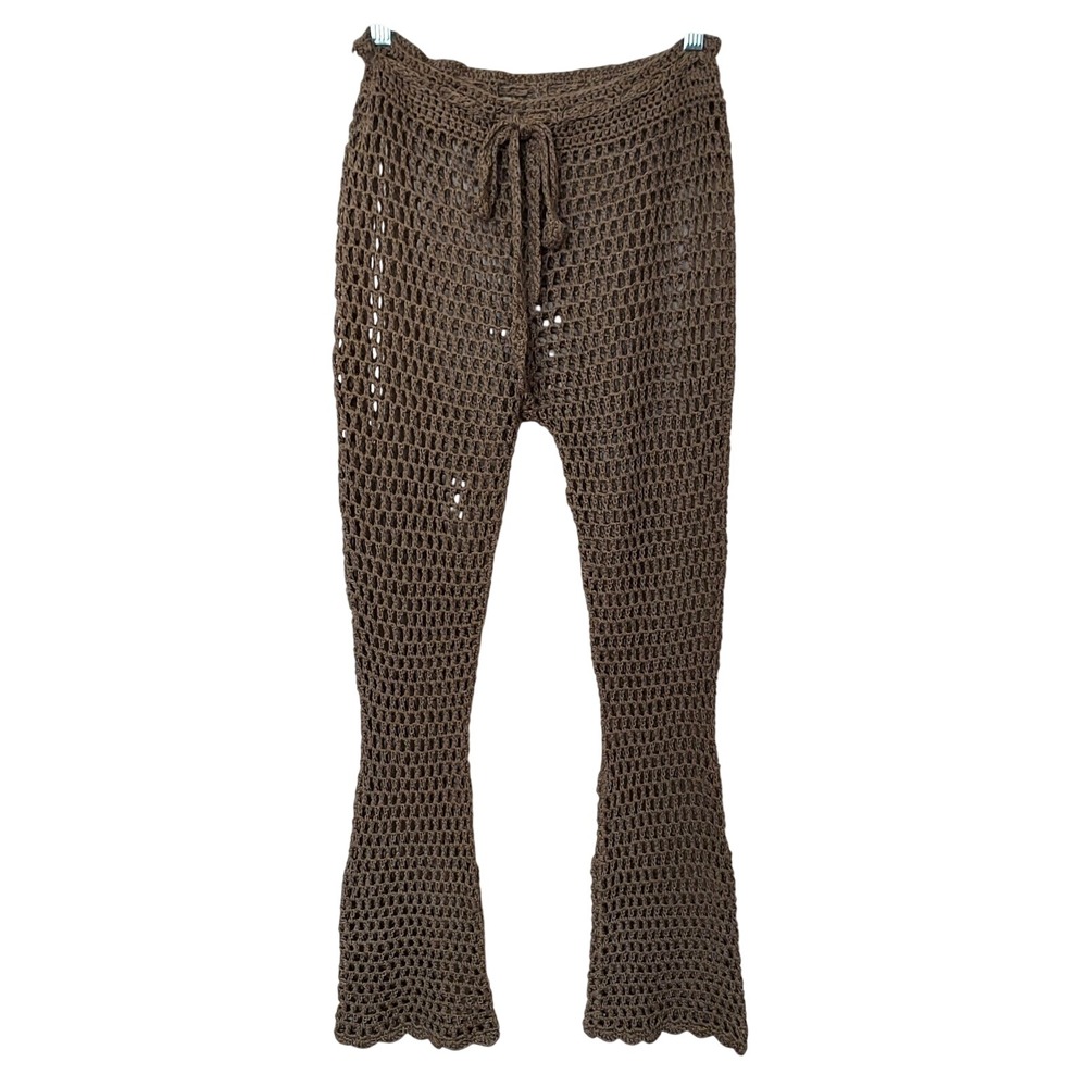 Crochet Flare‎ Pants Brown Tan Open Knit Beach Cover Up Festival Boho Hippie S/M